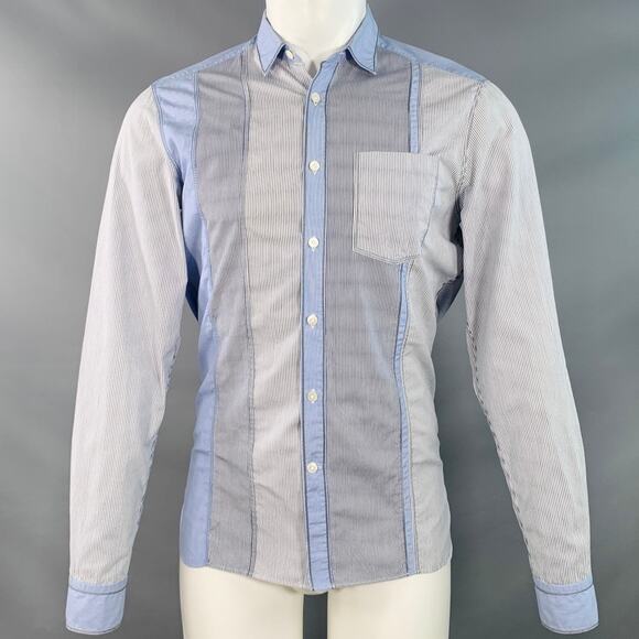 Size S White Blue Navy Patchwork Stripe Cotton One Pocket Long Sleeve Shirt